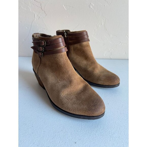 Clarks Size 6 Cognac Brown Leather Suede Ankle Booties Burnished Toe Block Heel - Picture 3 of 7